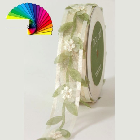 Ruban organza fleurs et perles 27mm / Ivoire, violet, rose / Ruban décoration mariage, guirlande fleurs et perles