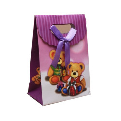 Petit sac cadeau 13 cm nounours carton et ruban satin violet