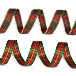 3M Ruban tartan métallisé 15mm / Rouge, vert et or / Ruban de Noël, ruban à carreaux, ruban écossais, décoration Noël 