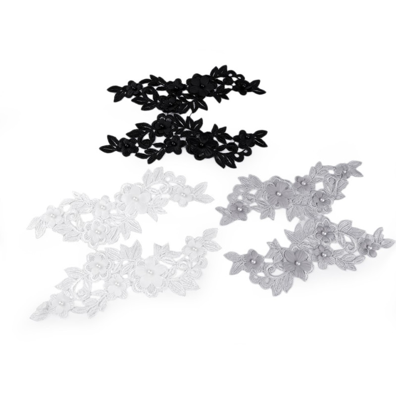 2 applications 3D dentelle symétriques brodé de perles / noir, blanc, gris / Dentelle appliquée, application dentelle, broderie 