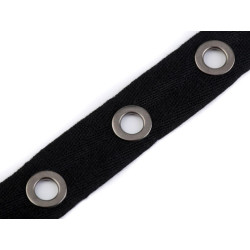Galon coton noir avec oeillets argents 24mm / bande de ganse ornée de trous cercles metalliques, pour bustier, laçage, style got