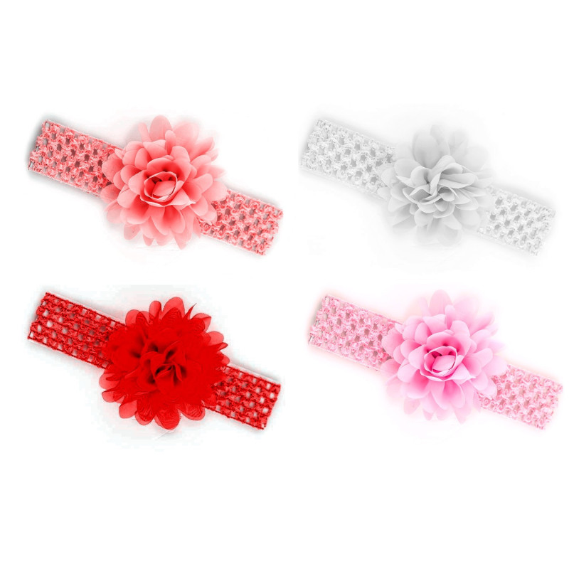 4 Bandeaux serre-tête élastique avec fleur / Blanc, rose, rouge, corail / accessoire cheveux pour enfants, bébés 