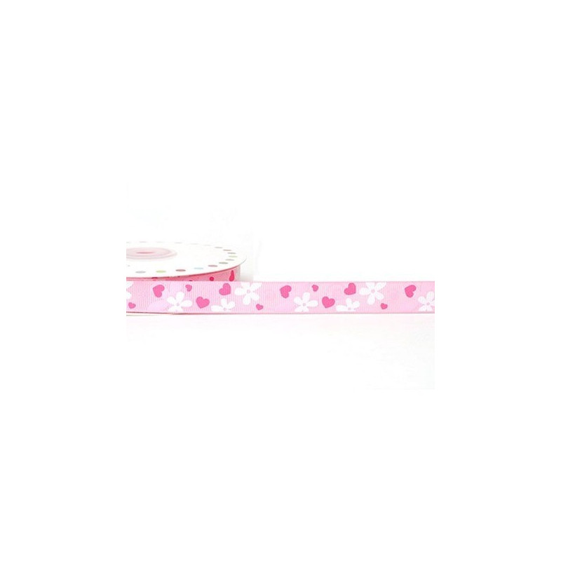 Ruban 16 mm polyester fleur rose et blanc