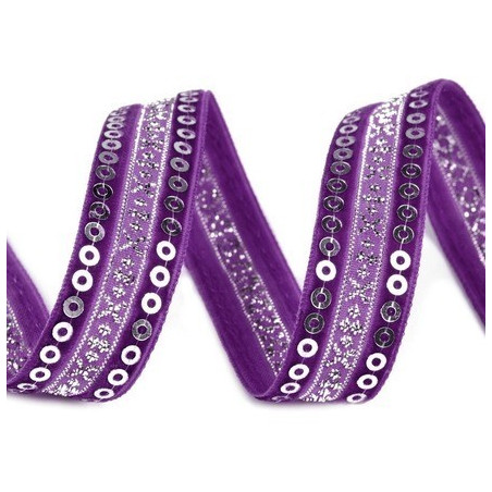 Ruban velours et satin violet  brode de sequins argent 15 mm