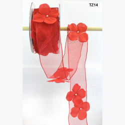 Ruban organza fleurs et perles en relief rouge