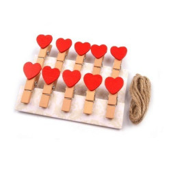 10 mini pinces a linge coeur rouge + corde 1 m